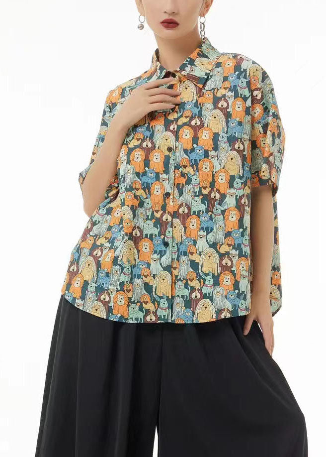 Khaki Peter Pan Collar Animal Print Cotton Blouses Summer Ts1028