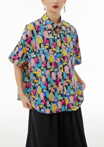 Khaki Peter Pan Collar Animal Print Cotton Blouses Summer Ts1028