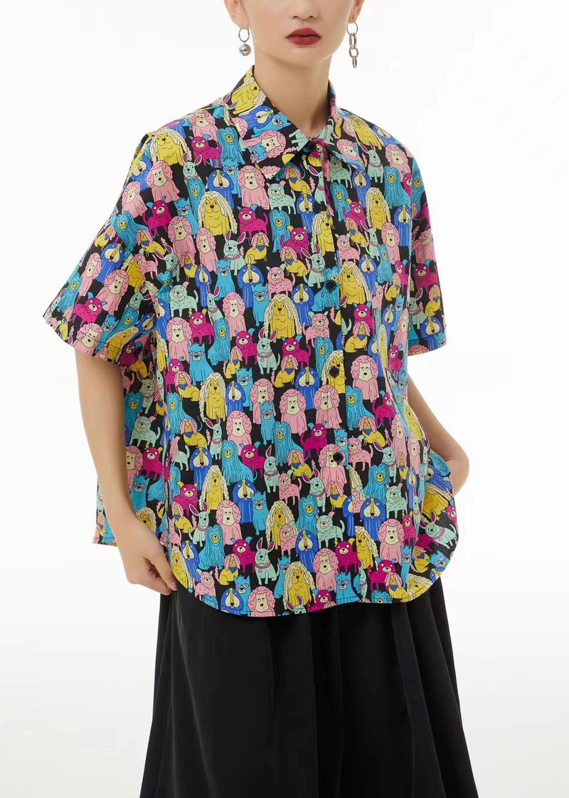 Khaki Peter Pan Collar Animal Print Cotton Blouses Summer Ts1028