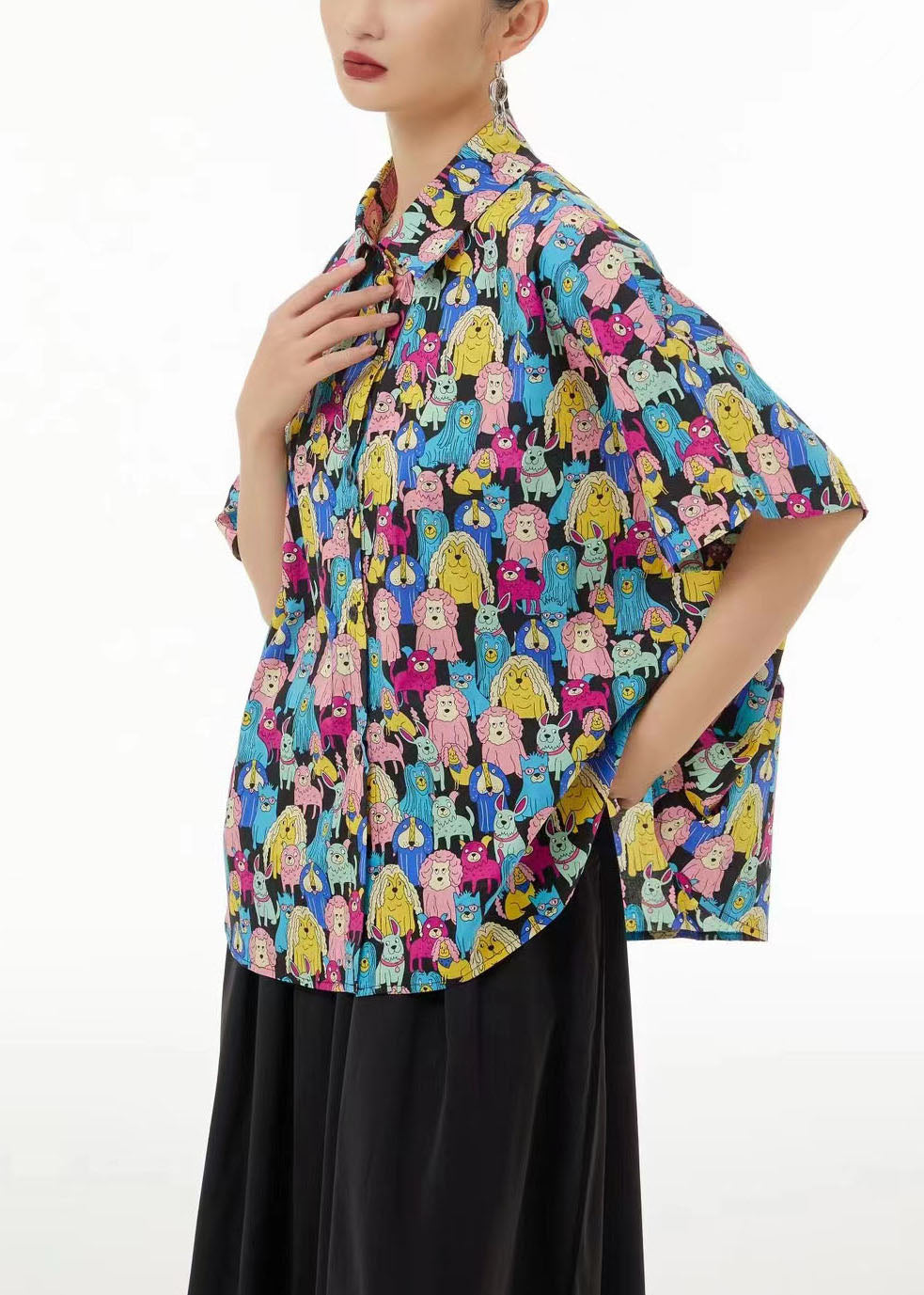 Khaki Peter Pan Collar Animal Print Cotton Blouses Summer Ts1028
