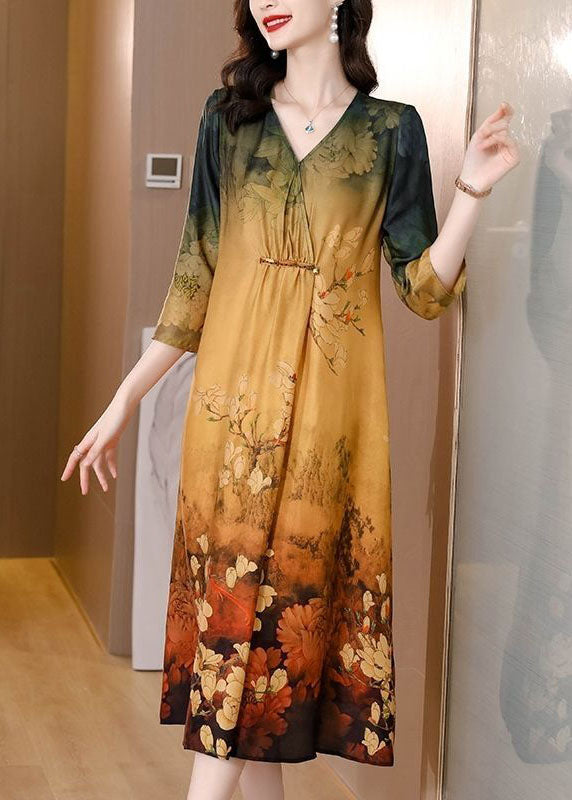 Khaki V Neck Tie Dye Print Silk Maxi Dresses Half Sleeve Th1027