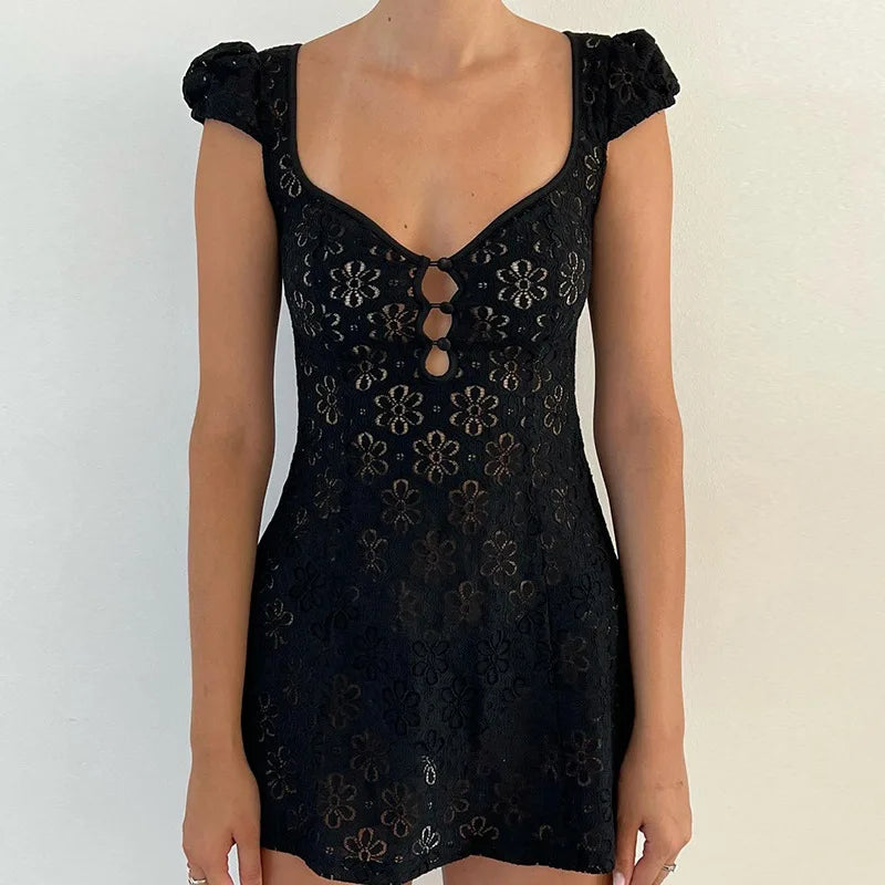 Lace Ruffle Backless Mini Dress