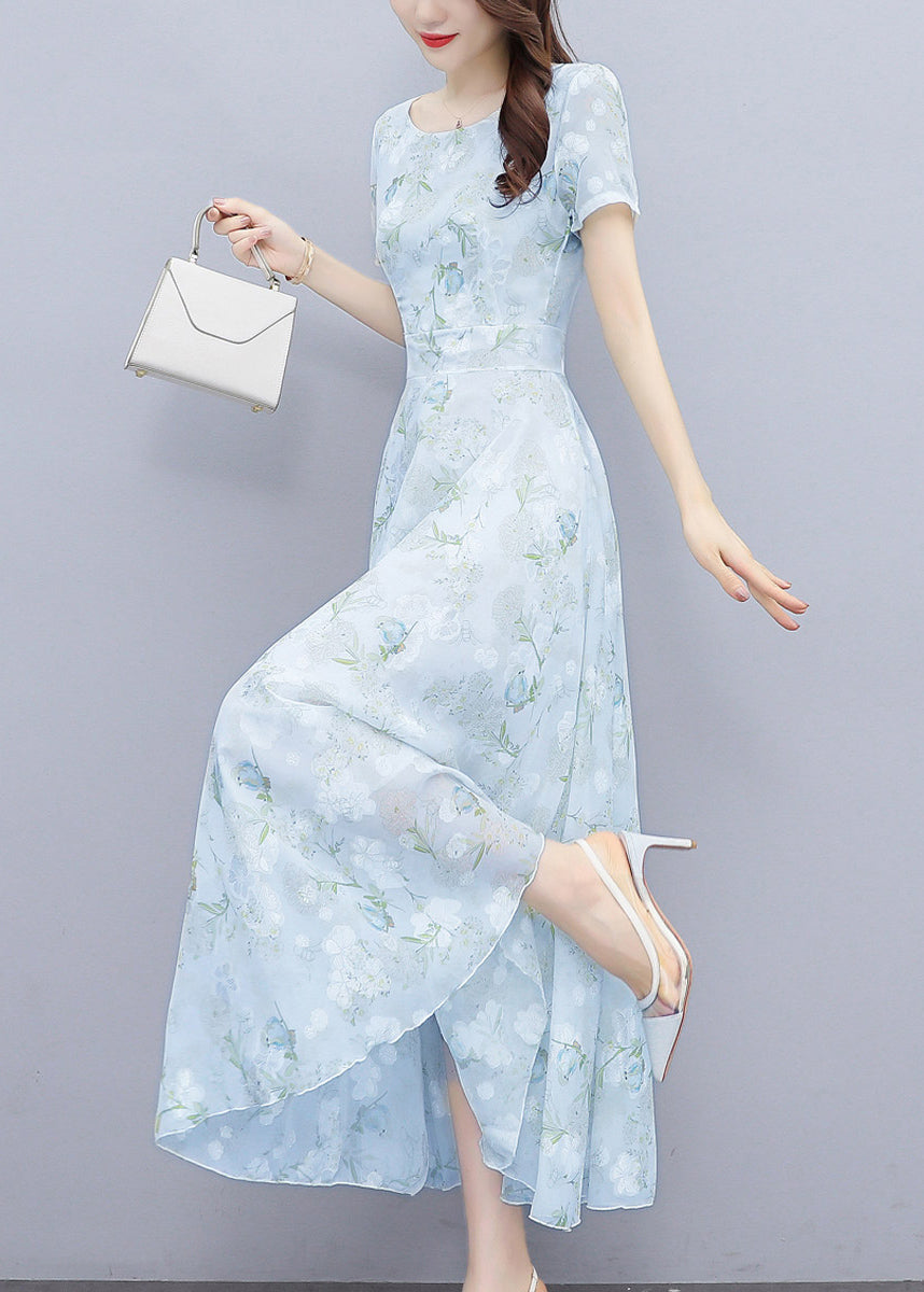 Light Blue Print Silm Fit Chiffon Long Dresses Summer Oo024