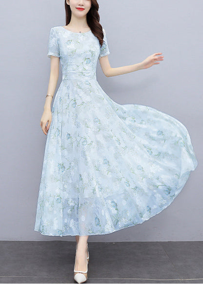 Light Blue Print Silm Fit Chiffon Long Dresses Summer Oo024