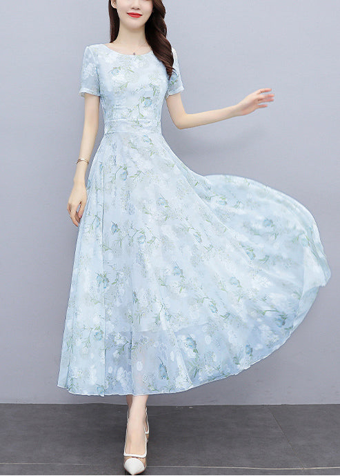 Light Blue Print Silm Fit Chiffon Long Dresses Summer Oo024
