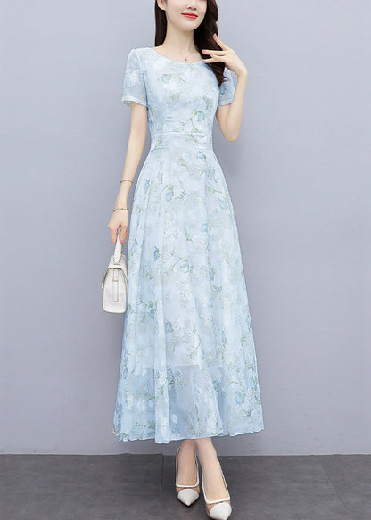 Light Blue Print Silm Fit Chiffon Long Dresses Summer Oo024