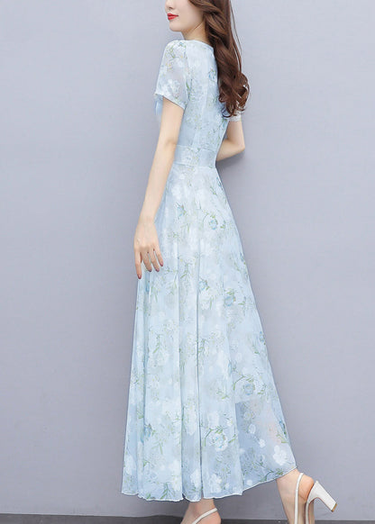 Light Blue Print Silm Fit Chiffon Long Dresses Summer Oo024