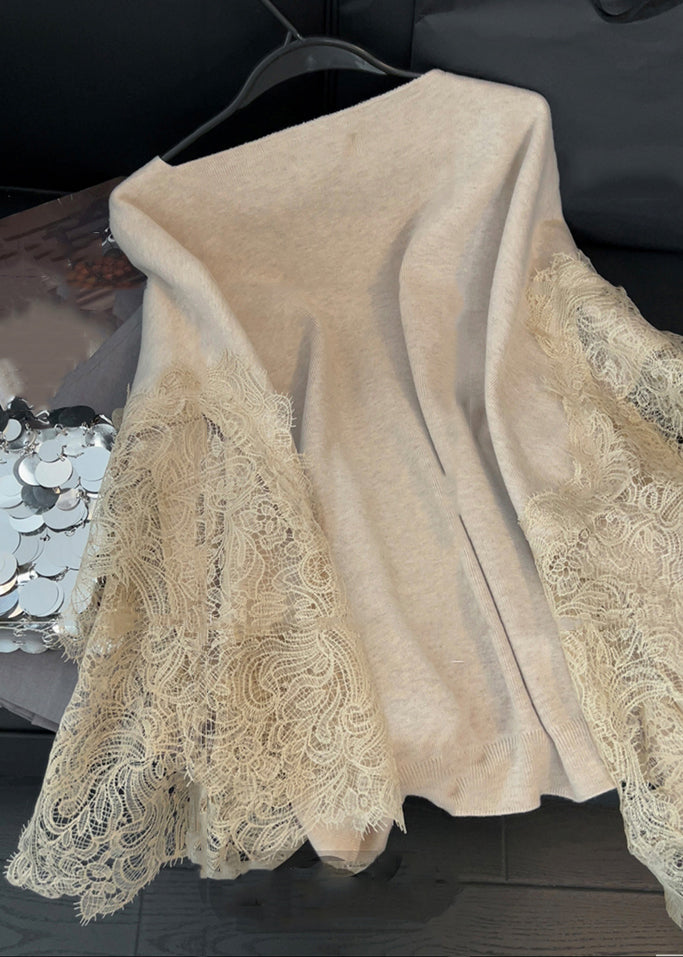 Light Camel V Neck Lace Patchwork Knit Cardigans Spring Td024