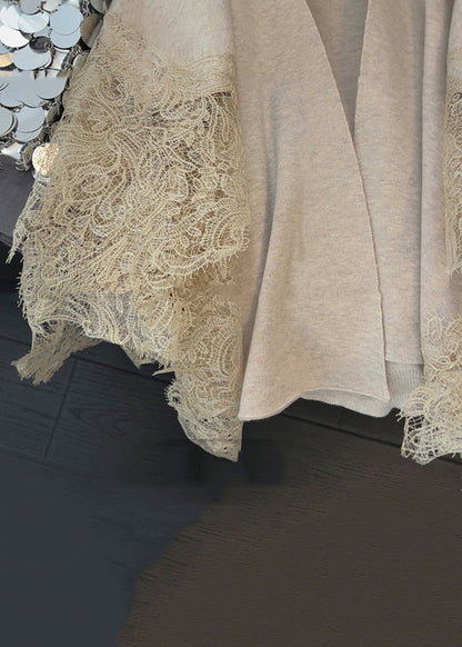 Light Camel V Neck Lace Patchwork Knit Cardigans Spring Td024