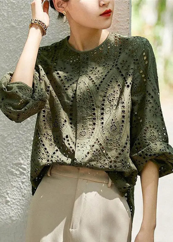 Light Khaki O Neck Hollow Out Cotton Blouses Long Sleeve G141
