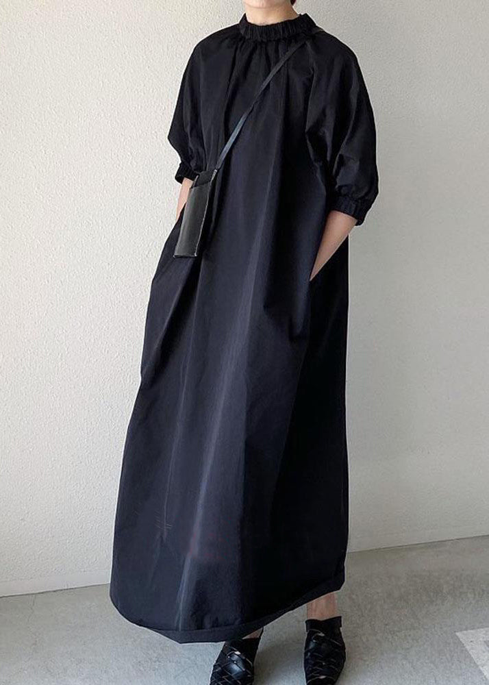 Navy Back Zippered Cotton Maxi Dress Half Sleeve Tz013