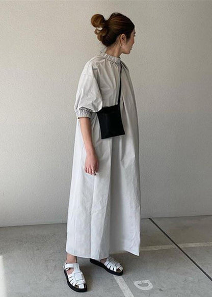 Navy Back Zippered Cotton Maxi Dress Half Sleeve Tz013