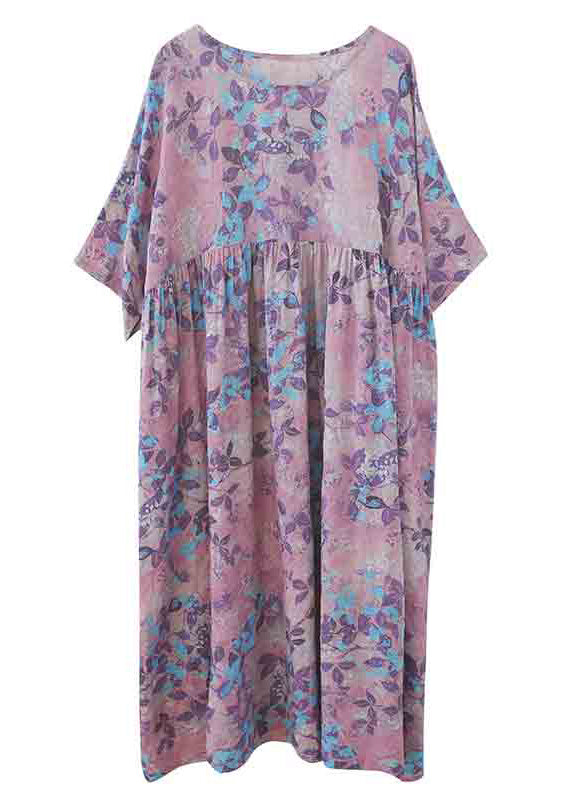 O-neck Print Patchwork Wrinkled Cotton Maxi Dresses Summer Lc0006