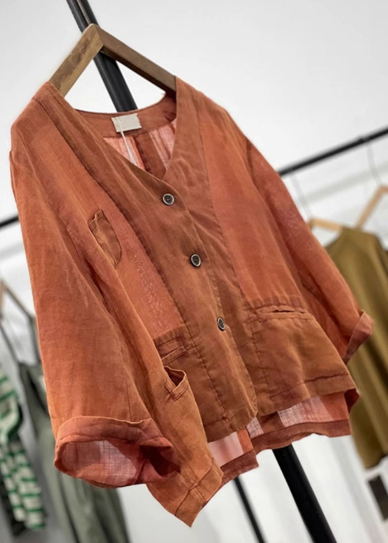 Orange Button Pockets Linen Cardigan Spring Gg046