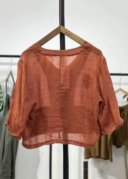Orange Button Pockets Linen Cardigan Spring Gg046