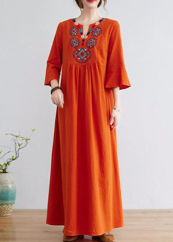 Orange Embroideried Wrinkled Cotton Maxi Dress Bracelet Sleeve Ly0913
