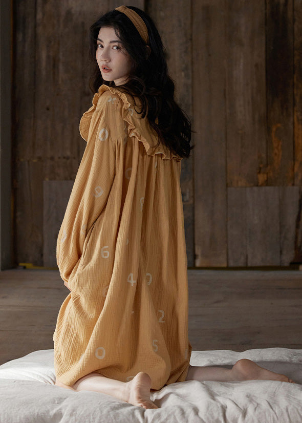 Orange Ruffled Print Cozy Cotton Maxi Dress Long Sleeve Ly1863