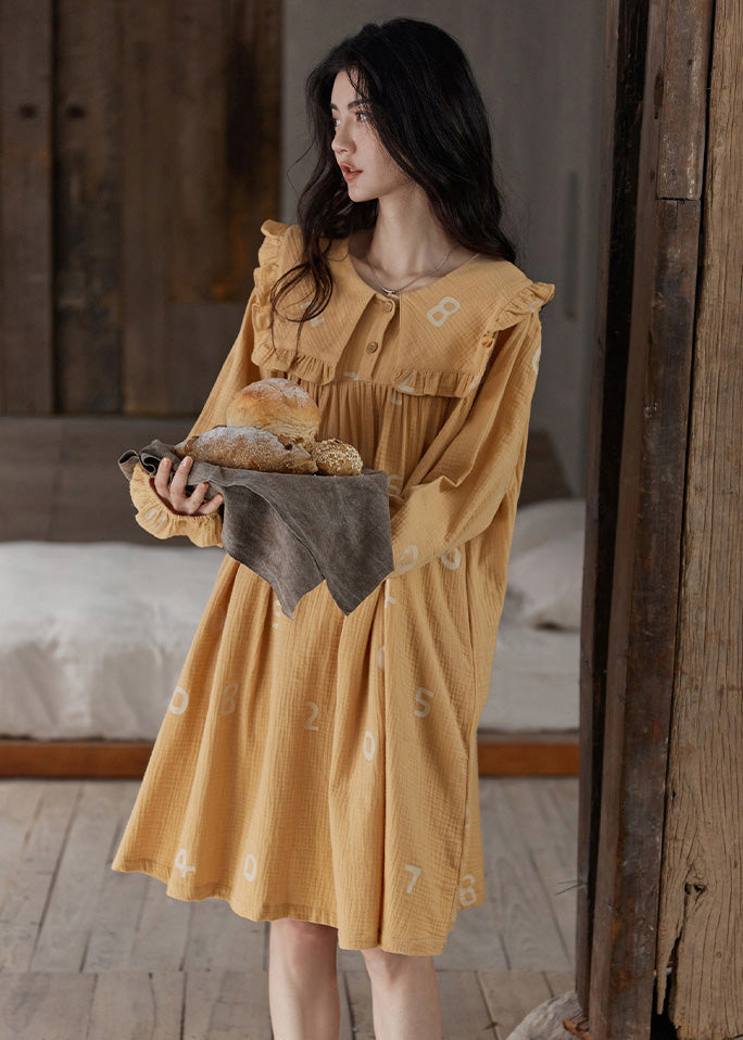 Orange Ruffled Print Cozy Cotton Maxi Dress Long Sleeve Ly1863