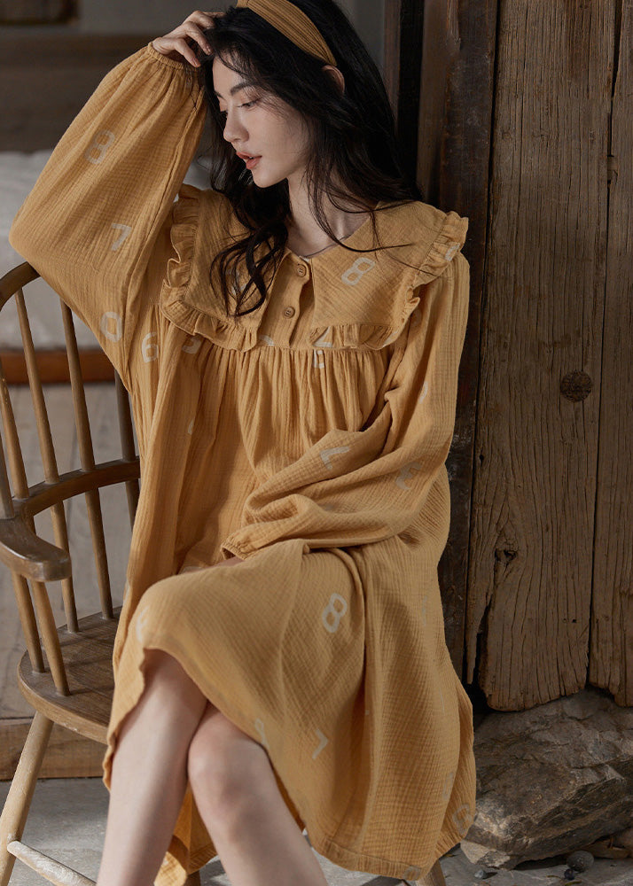 Orange Ruffled Print Cozy Cotton Maxi Dress Long Sleeve To1055