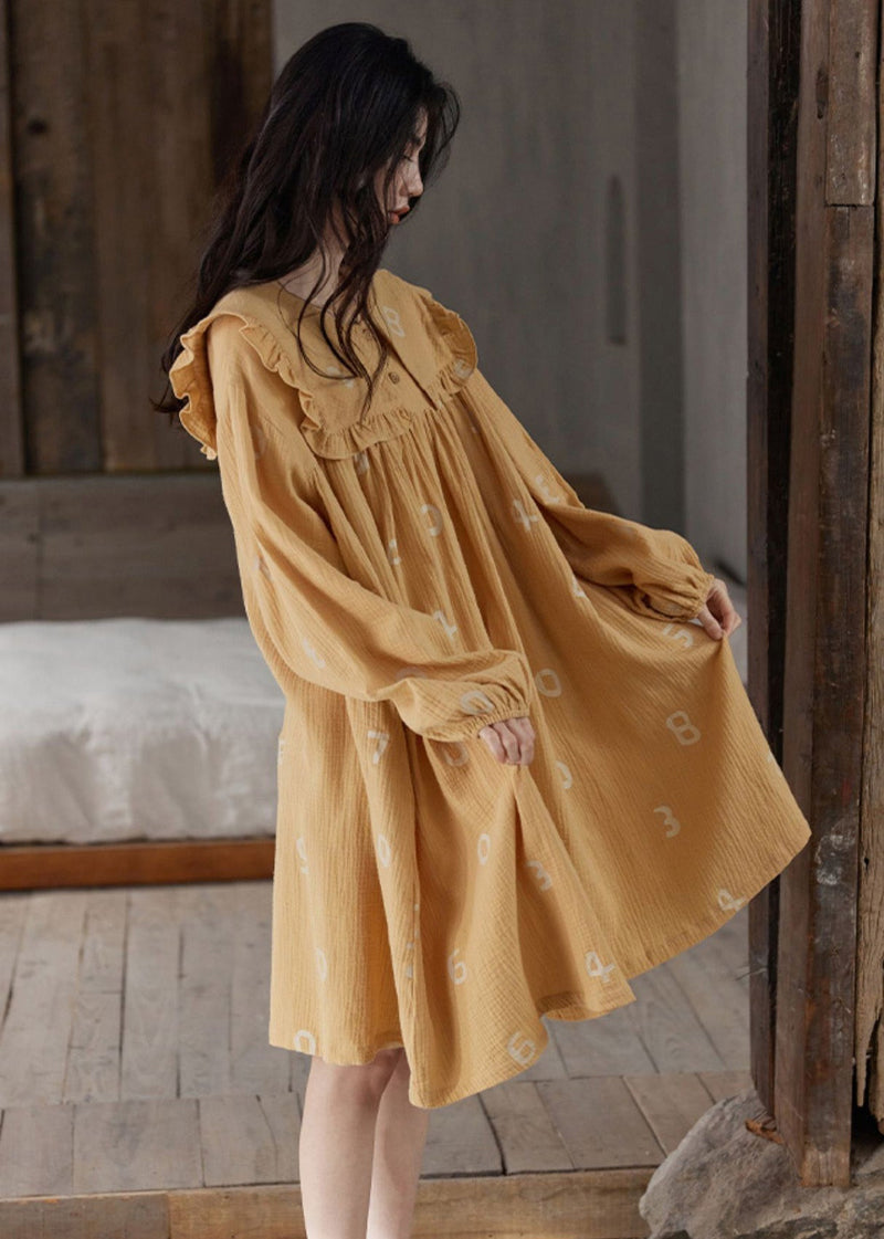 Orange Ruffled Print Cozy Cotton Maxi Dress Long Sleeve To1055