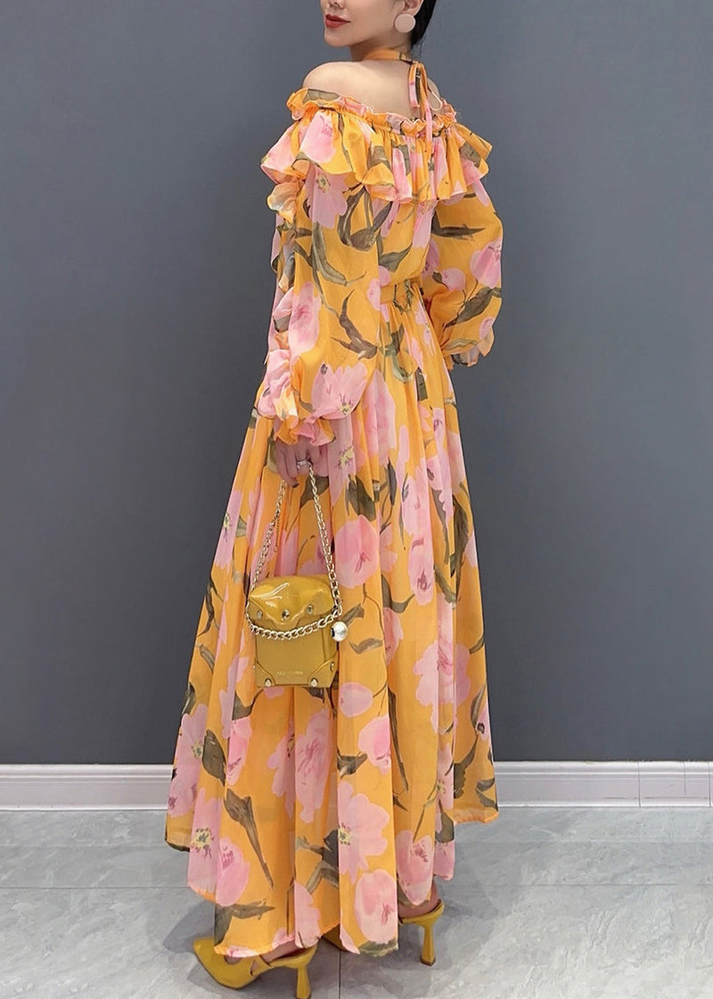 Orange Slash Neck Cold Shoulder Patchwork Long Dress Long Sleeve Ao1024