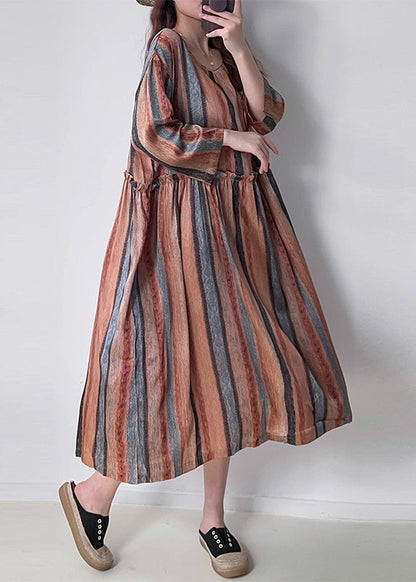 Orange Striped Patchwork Silk Cotto Long Dresses Long Sleeve Vv073