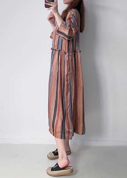 Orange Striped Patchwork Silk Cotto Long Dresses Long Sleeve Vv073