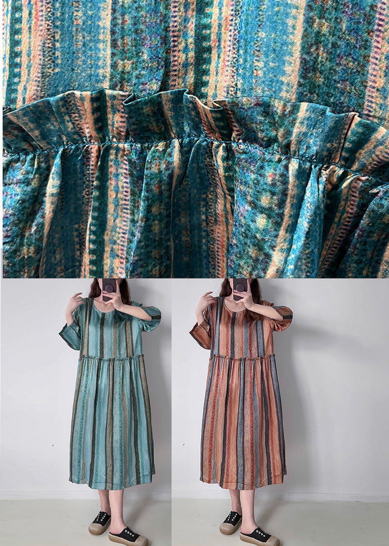 Orange Striped Patchwork Silk Cotto Long Dresses Long Sleeve Vv073