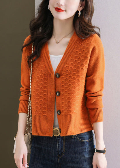 Orange V Neck Button Wool Knit Cardigan Winter Er021