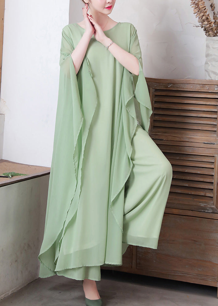 Pea Green Asymmetrical Chiffon Long Dress and Wide Leg Pants Two Pieces Set Spring Ly1736