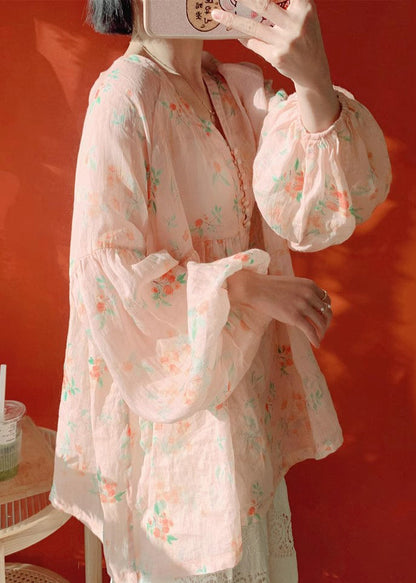 Pink Button Print Cotton Blouse Lantern Sleeve Kj019
