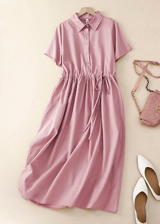 Pink Peter Pan Collar Drawstring Cotton Long Dress Summer Am1062