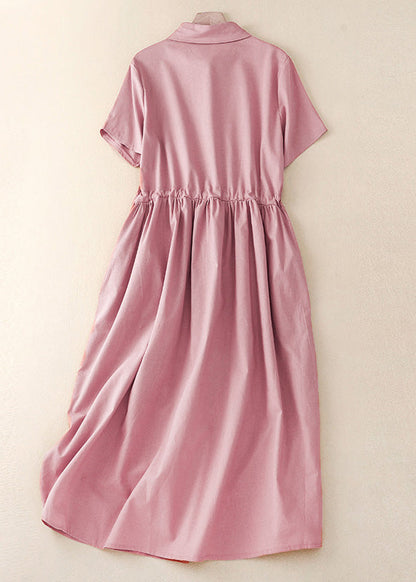 Pink Peter Pan Collar Drawstring Cotton Long Dress Summer Am1062