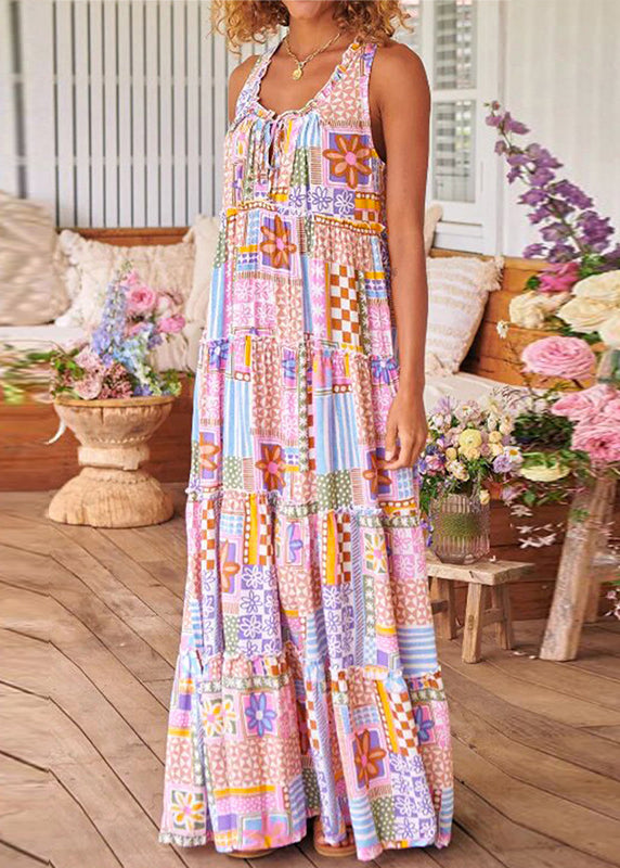Pink Ruffled Print Cotton Long Dresses Sleeveless Aa1029