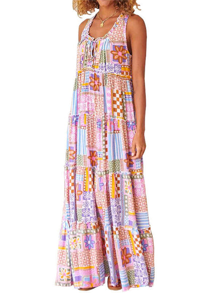 Pink Ruffled Print Cotton Long Dresses Sleeveless Aa1029