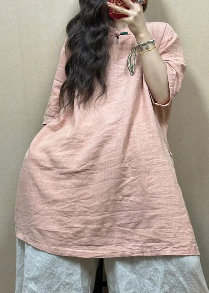 Pink Stand Collar Side Open Linen Blouses Half Sleeve Gg017