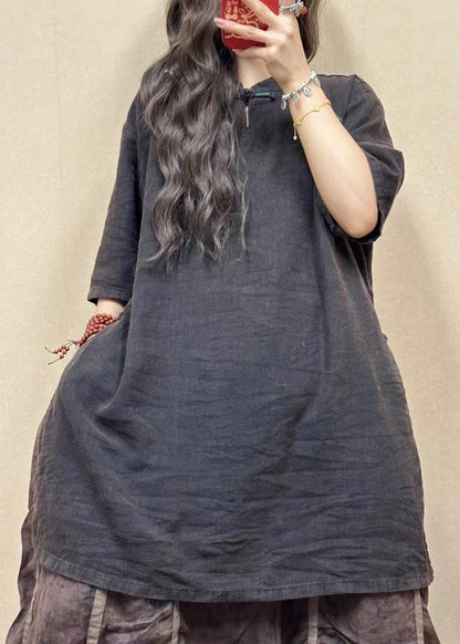 Pink Stand Collar Side Open Linen Blouses Half Sleeve Gg017