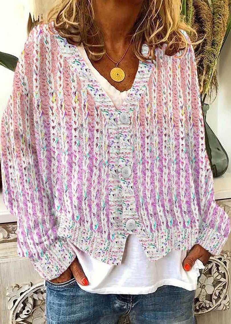 Neck Cardigan Pink Cozy V Striped Spring Knit