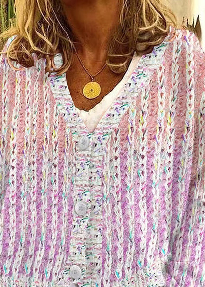 Neck Cardigan Pink Cozy V Striped Spring Knit