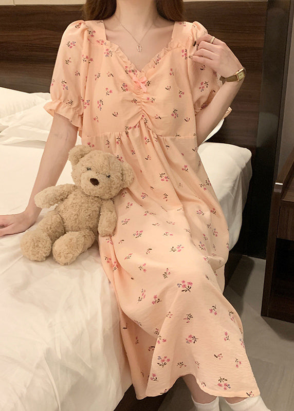 Pink V Neck Wrinkled Print Cotton Pajamas Long Dress Summer Yk019