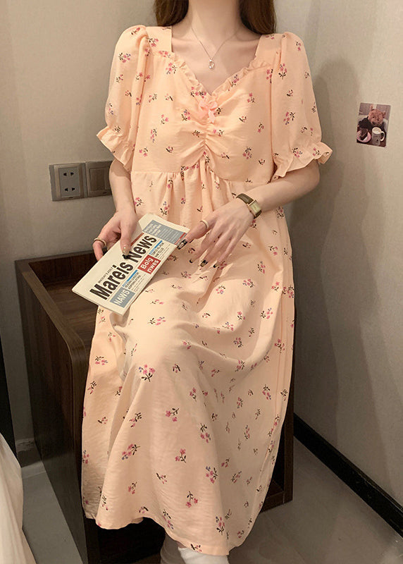 Pink V Neck Wrinkled Print Cotton Pajamas Long Dress Summer Yk019