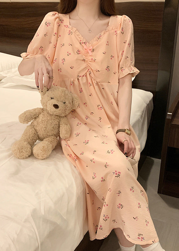 Pink V Neck Wrinkled Print Cotton Pajamas Long Dress Summer Yk019