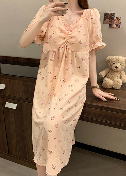 Pink V Neck Wrinkled Print Cotton Pajamas Long Dress Summer Yk019