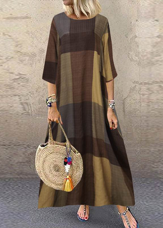 Plaid Short Sleeve Crew Neck Side Pocket Baggy Long Maxi Dress Wine Red Lc0030