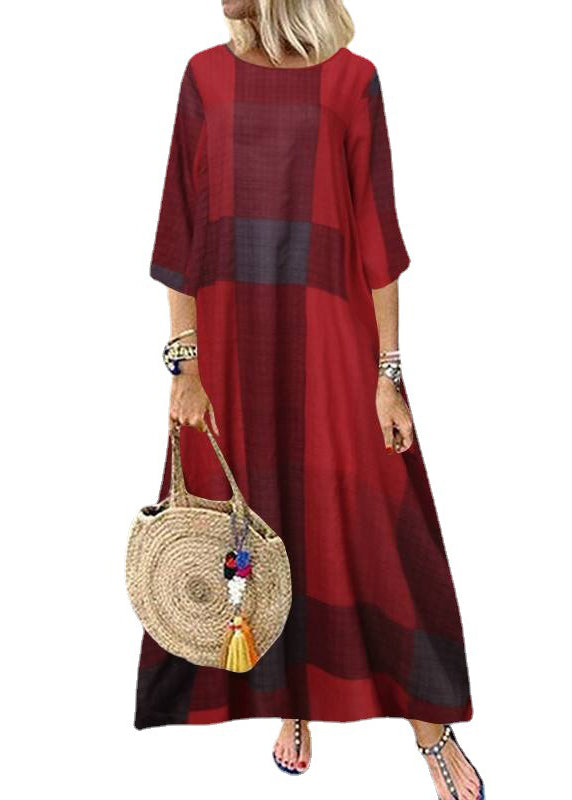 Plaid Short Sleeve Crew Neck Side Pocket Baggy Long Maxi Dress Wine Red Lc0030