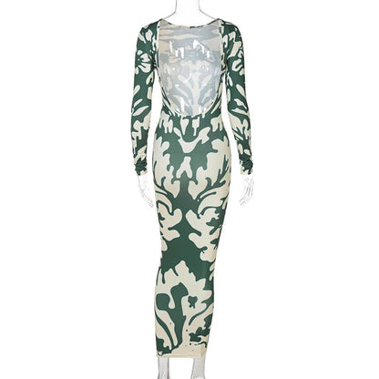 Backless High Waist Long Sleeve Midi Dress