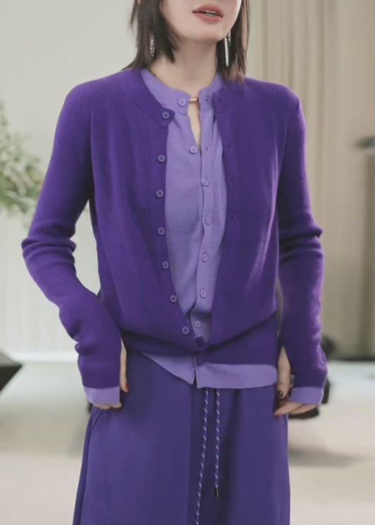 Purple Button Patchwork False Two Pieces Knit Sweaters Winte Wm017