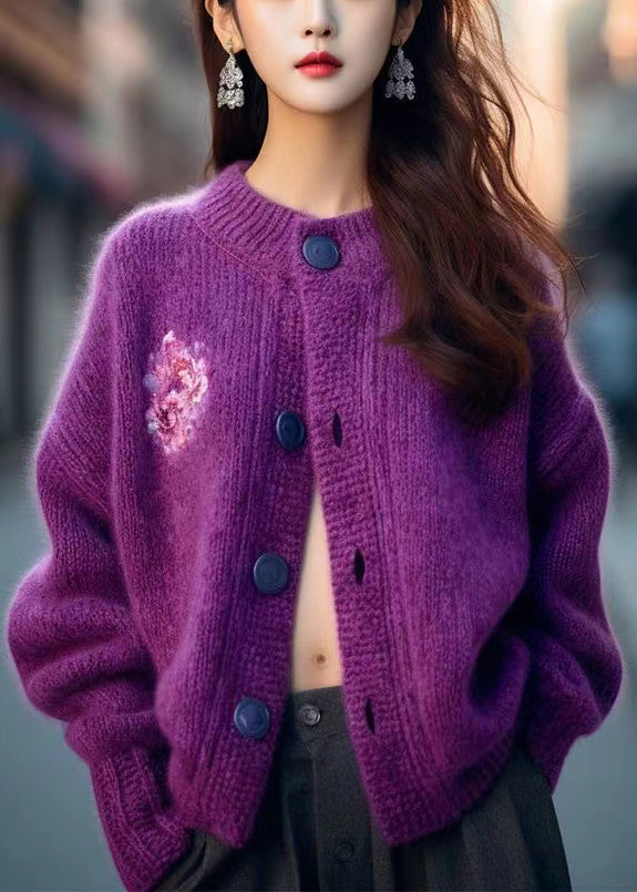 Purple O Neck Button Cozy Knit Cardigan Winter Wx019