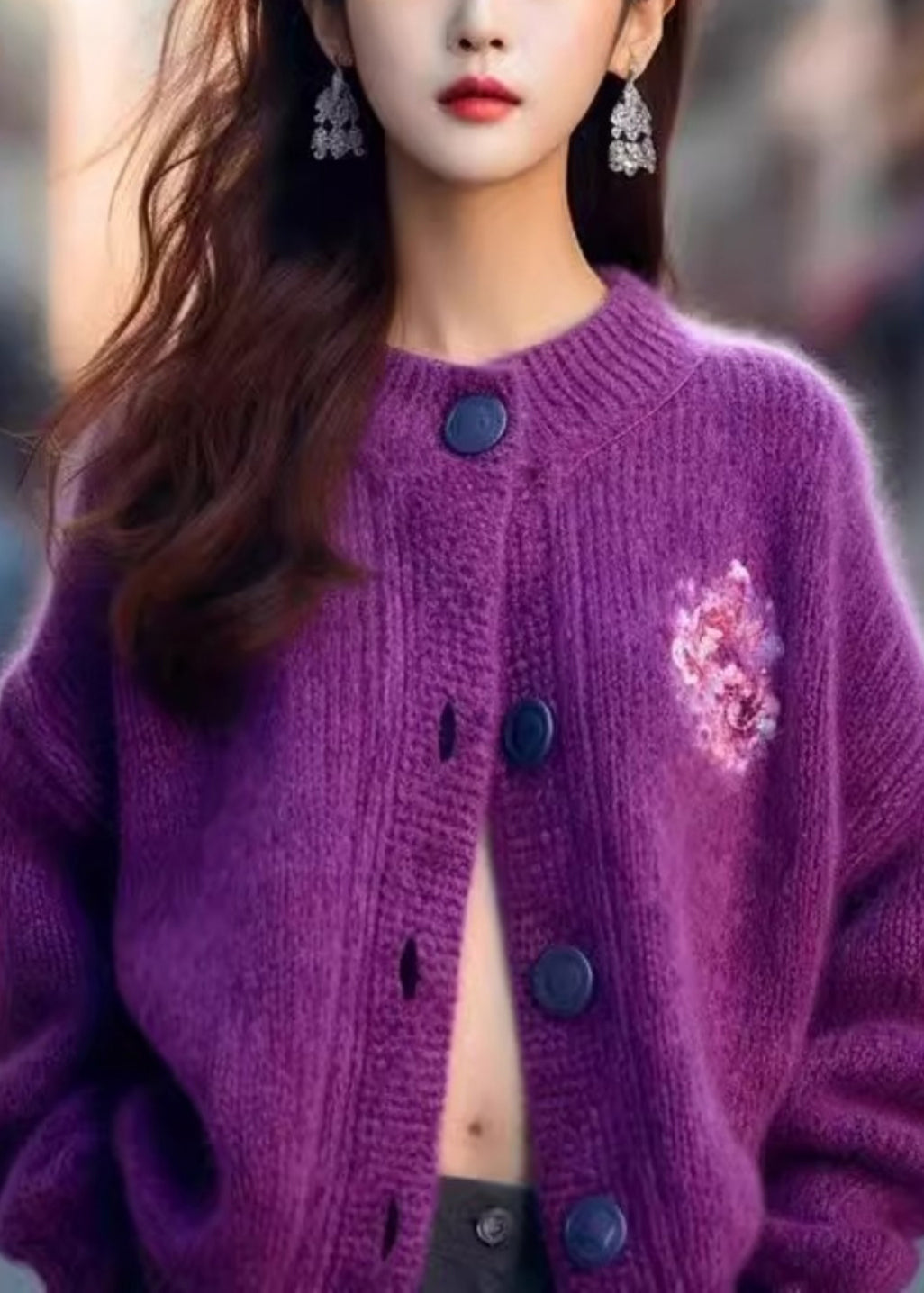 Purple O Neck Button Cozy Knit Cardigan Winter Wx019