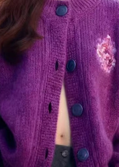 Purple O Neck Button Cozy Knit Cardigan Winter Wx019